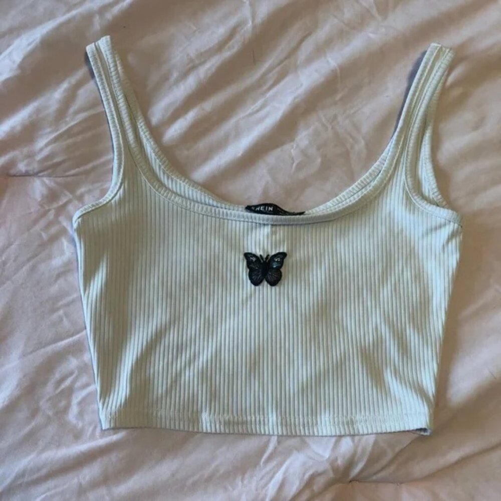 White Crop Tank Top Blue Butterfly Ribbed Size XS 90s y2k summer great condition
